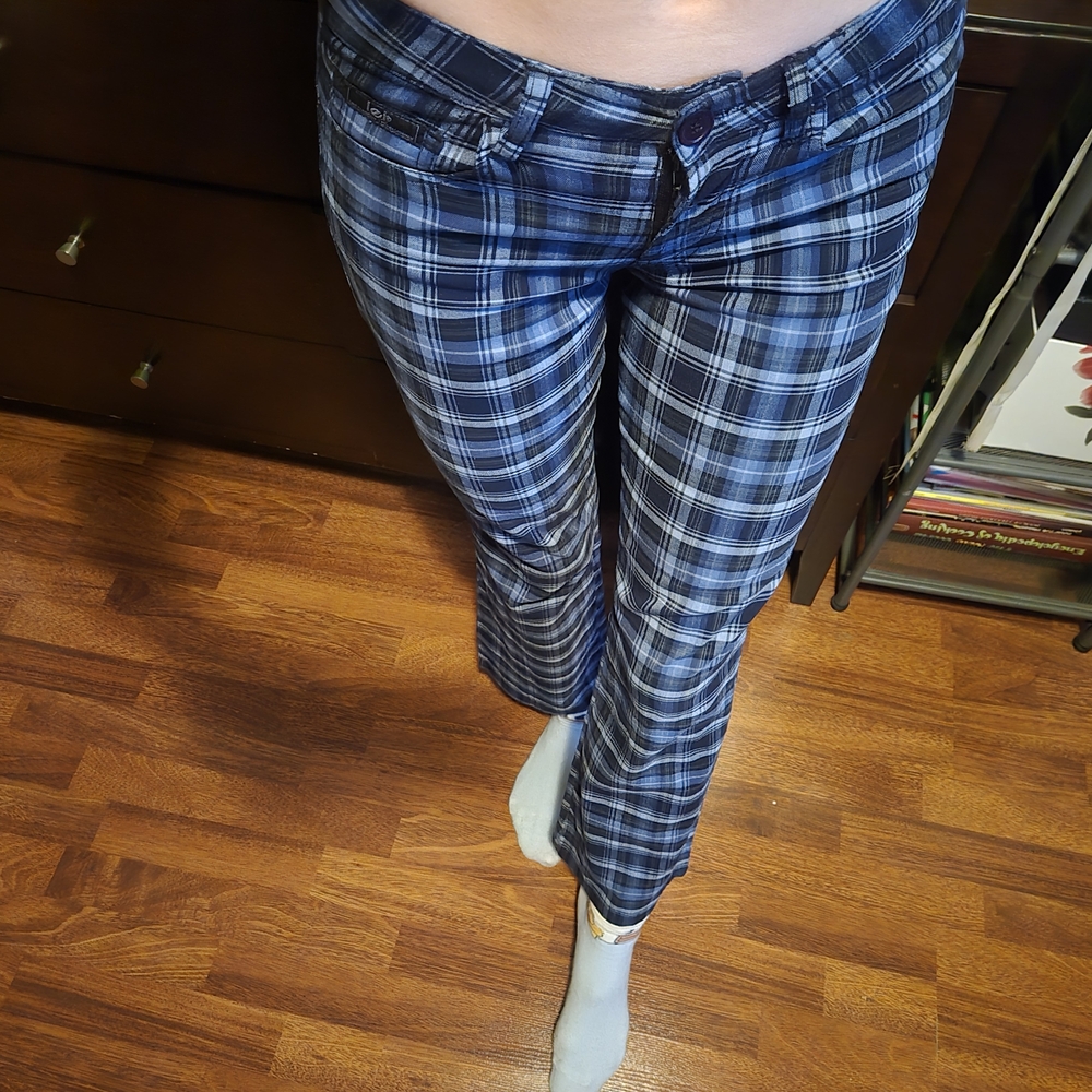 Vintage LEI Checkered Plaid Flare Pants in Blue and Black Rare